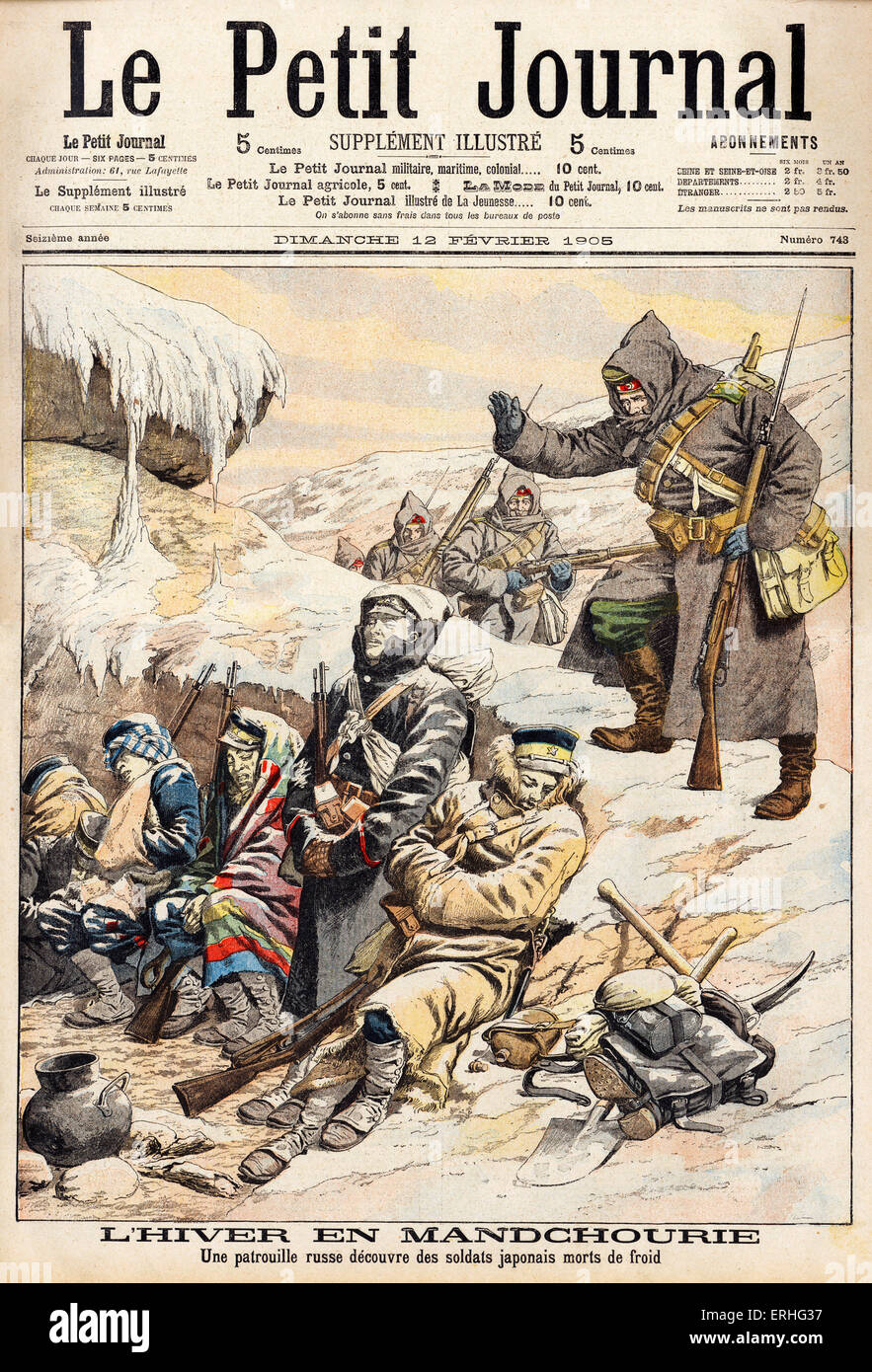 Russo-japanischer Krieg - russische Patrouille entdeckt japanische Soldaten erfroren im Jahre 1905. News-Artikel von Le Petit Journal 12 Stockfoto