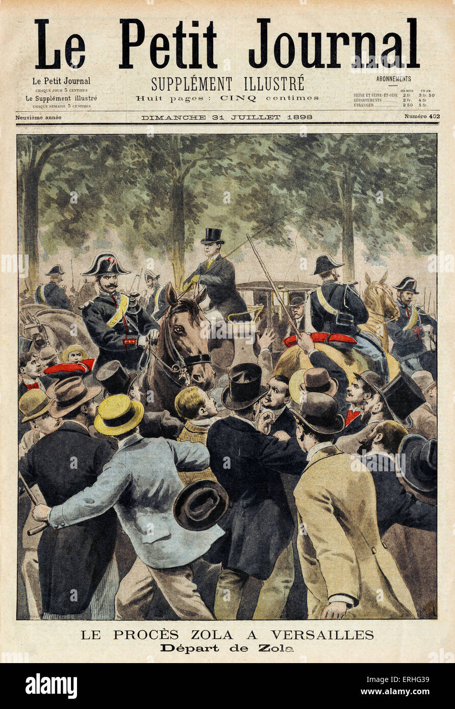 Emile Zolas Gericht in Versailles - Massen in die Hände von seiner Kutsche durch montiert französische Polizei. Nachrichtenmeldung im Le Petit Journal Stockfoto