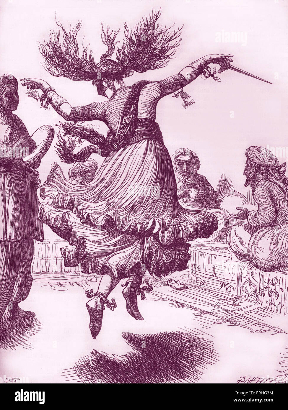 Arabian Nights Märchen - Ali Baba und die vierzig Räuber. Bildunterschrift lautet: "Morgiana vor Cogia Houssain tanzen".  Von Dalziels Stockfoto