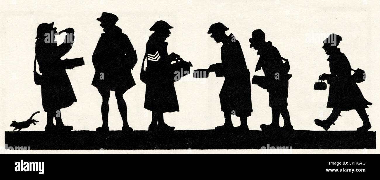 Silhouette von britischen Soldaten oder "Tommies" - in Frankreich 1916 während des 1. Weltkrieges, Rationen dienen. Papier Schneiden Sie von H. Stockfoto