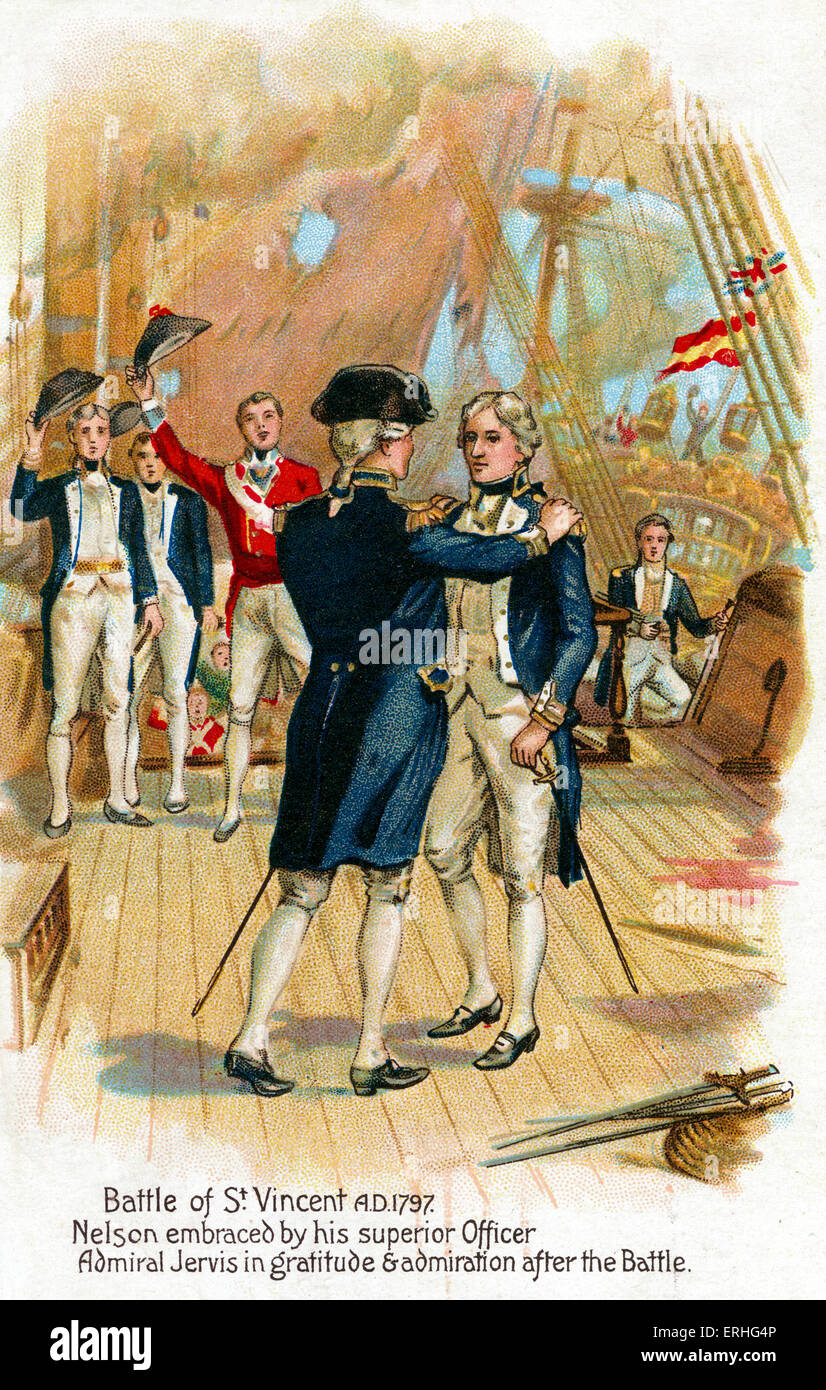 Admiral Horatio Nelson - Postkarte "Nelson von seinem überlegenen Offizier Admiral Jarvis in Dankbarkeit und Bewunderung nach umarmt Stockfoto