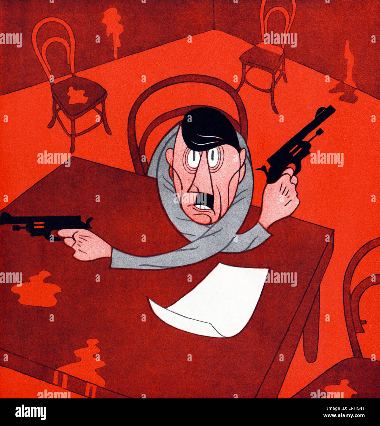 Adolf Hitler-Karikatur mit Revolver von 1934. Bildunterschrift lautet "The Führer Motto. Bereit sein ist alles! "aus Stockfoto
