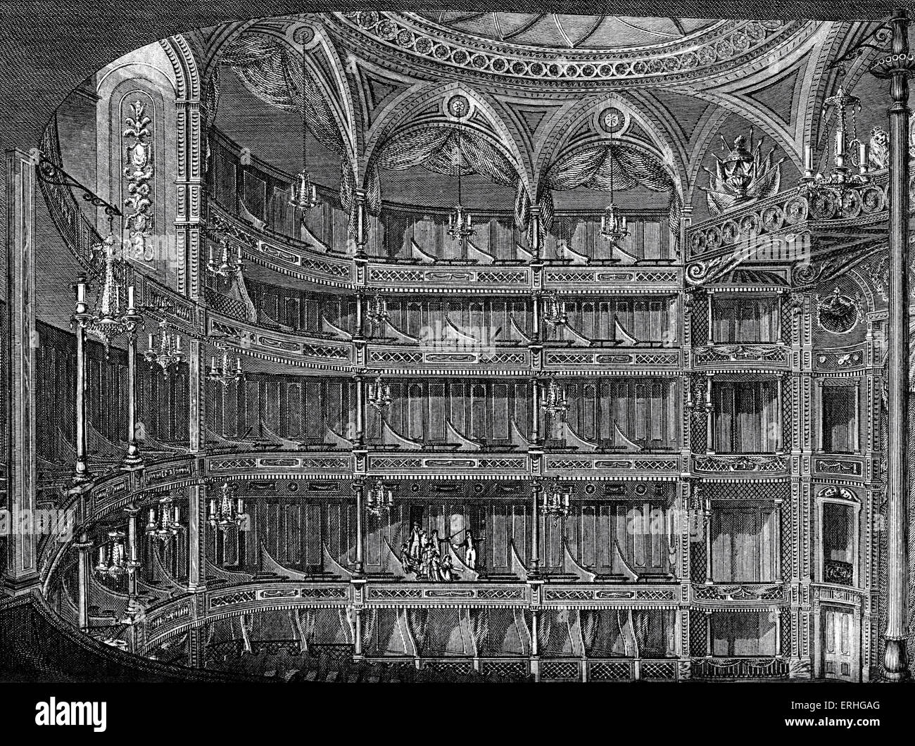 Royal Opera House - Interieur, Covent Garden, London. Kupferstich von Publikum Boxen. 18. Jahrhundert. Stockfoto