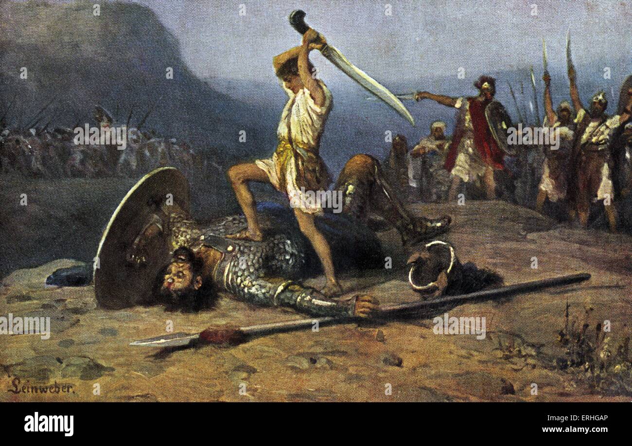 David und Goliath - Gemälde von David tötet Goliath aus der Bibel, Samuel I, Kapitel 17, Vers 51. Gemälde von R Leinweber. Stockfoto