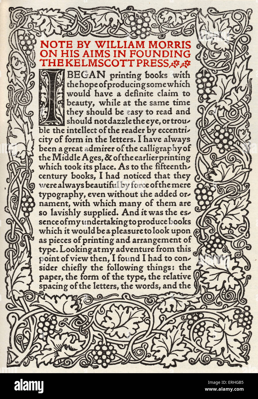 William Morris Manifest für die Gründung der Kelmscott Press, Teil der & Kunstgewerbe-Bewegung. Englischer Schriftsteller, Dichter, Stockfoto