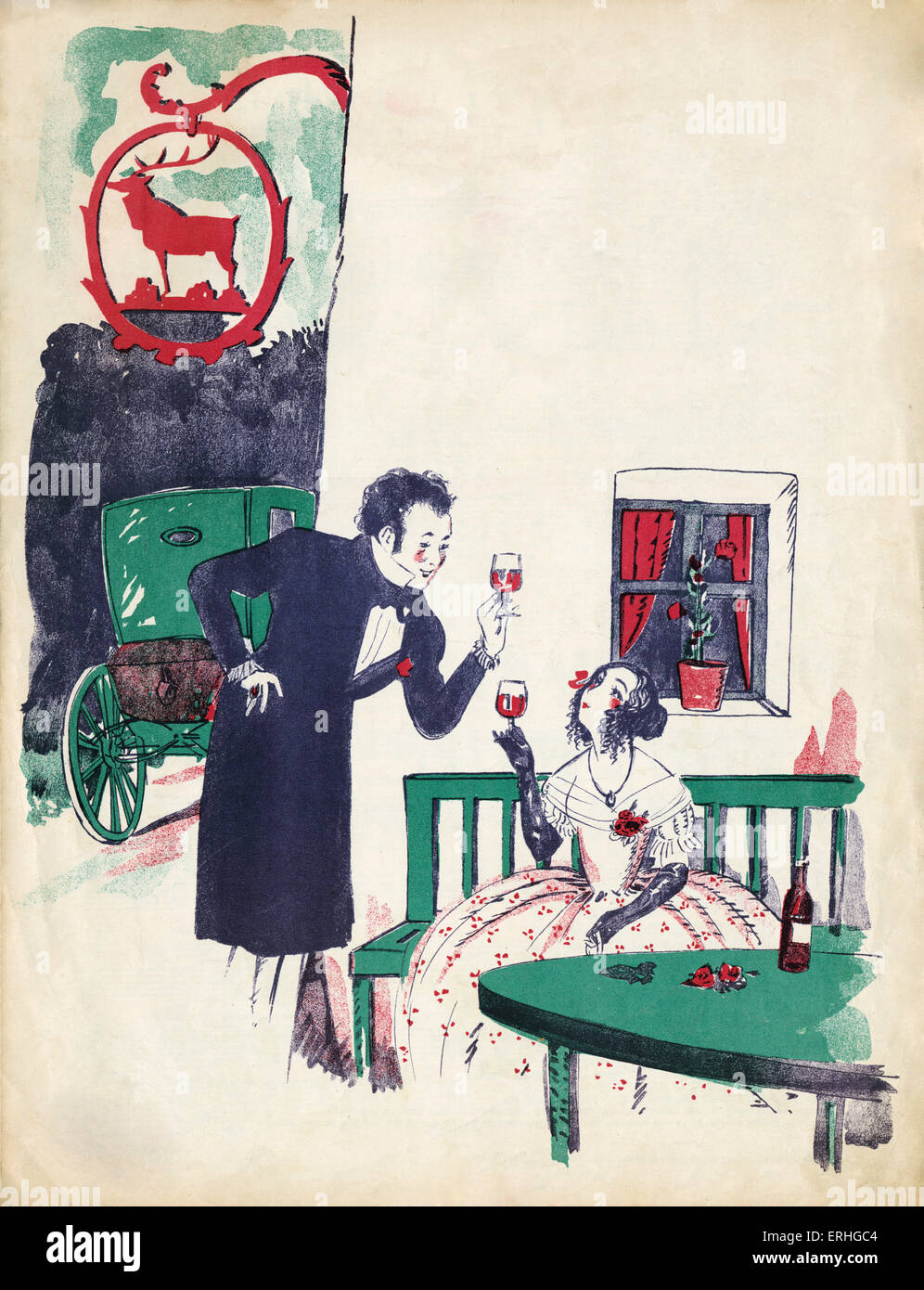 Wiener Romantik - Anfang des 19. Jahrhunderts paar Rotwein trinken, einen Toast in der "Red Deer" aufziehen. Schubert-Stil. Wiener Stockfoto