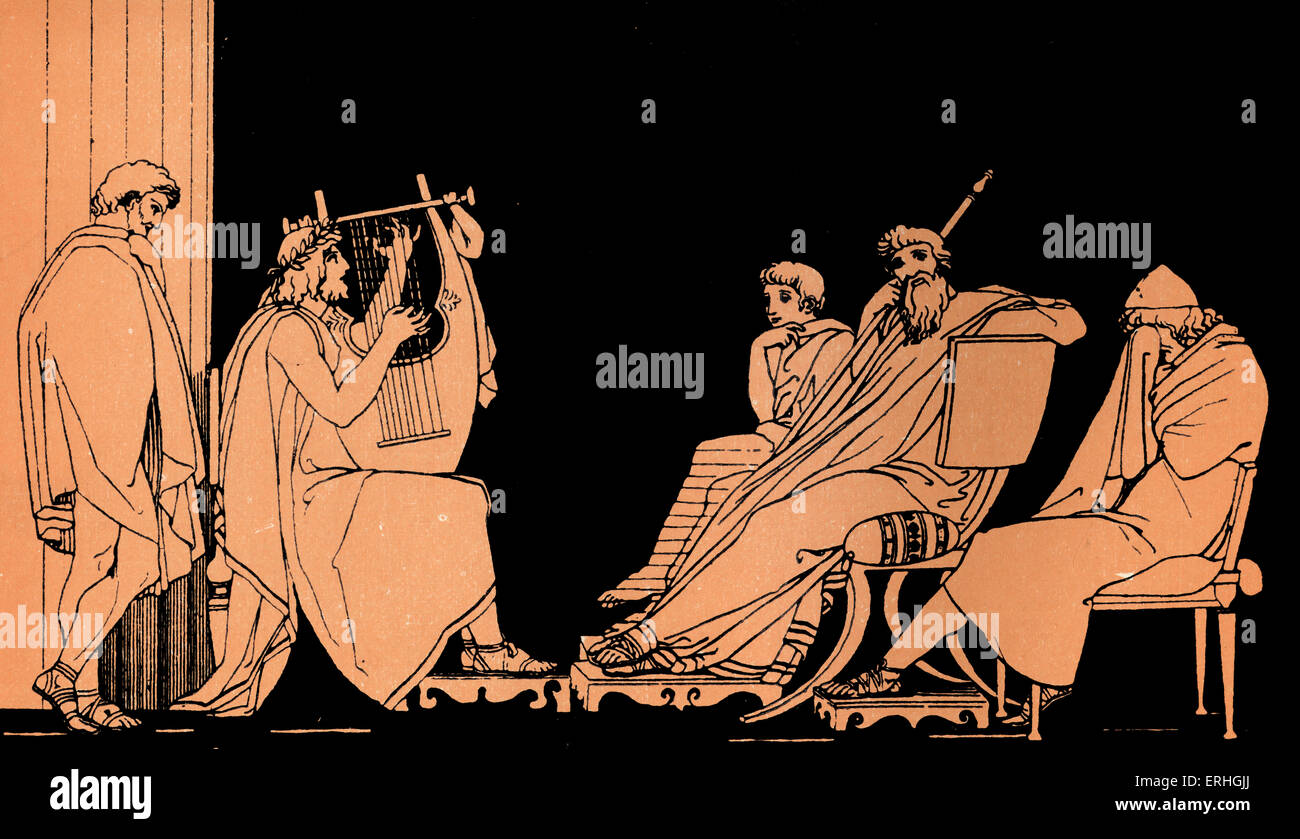 Homer, Odyssee.  Ulysses (Odysseus) weint bei dem Lied Demodocus. Alkinoos - König der Phäaken.  Minstral spielen eine Stockfoto
