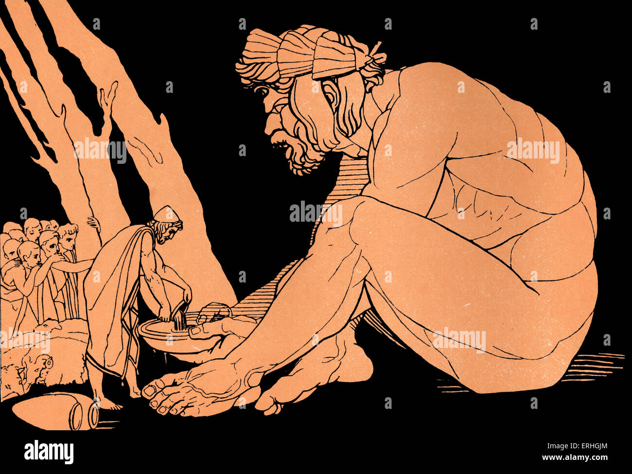 Homer, Odyssee. Ulysses (Odysseus) verleiht Wein Polyphem, einem Zyklopen, Sohn des Neptun (Poseidon) - Gott des Meeres. Homer, blinden griechischen Dichter, c. 800-600 v. Chr., Trojanischen Krieg, epischen; Abbildung nach Flaxman Stockfoto
