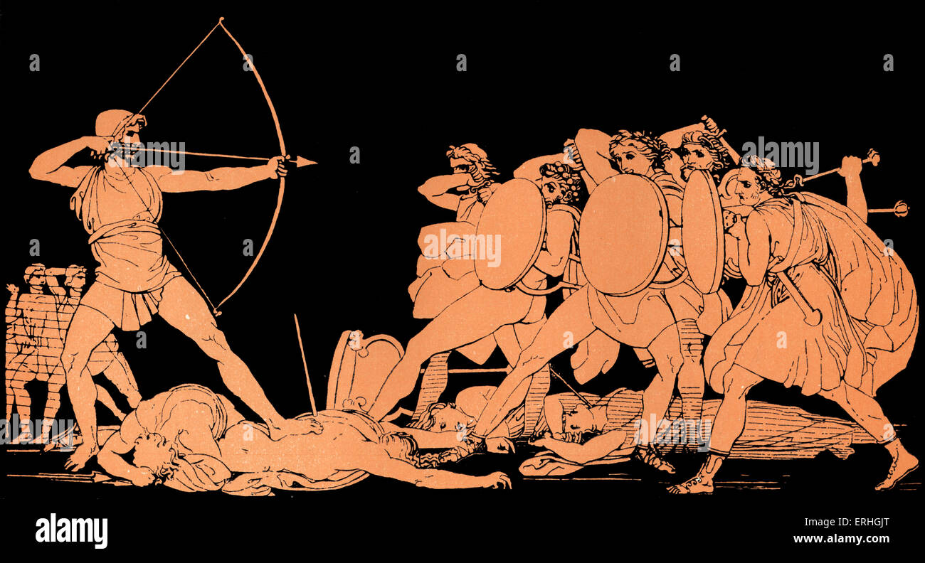 Homer, Odyssee.   Ulysses (Odysseus) töten die Freiern seiner Frau Penelope auf der Insel Ithaka. Homer, blind Griechisch Stockfoto