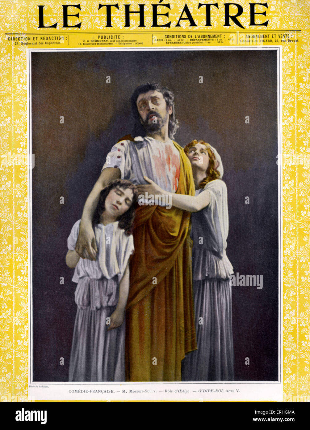 Jean Mounet-Sully - Porträt des französischen Schauspielers in der Rolle des Ödipus "Oedipe-ROI" / "Ödipus King" mit zwei Kindern, Stockfoto