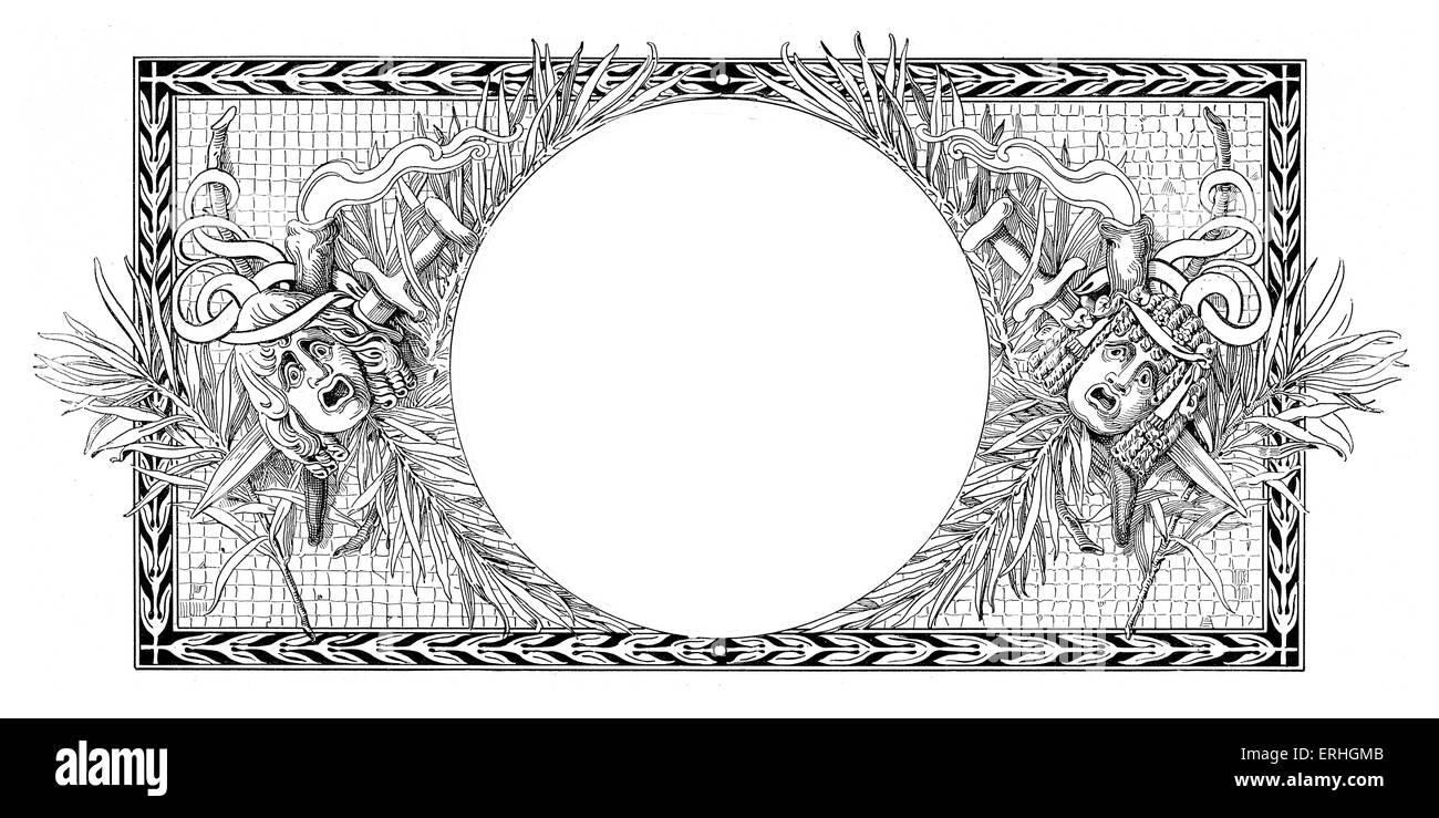 Komödie und Tragödie - ein Surround-Sound für eine kreisförmige Bild mit den Masken von Komödie und Tragödie. Grenze Stockfoto