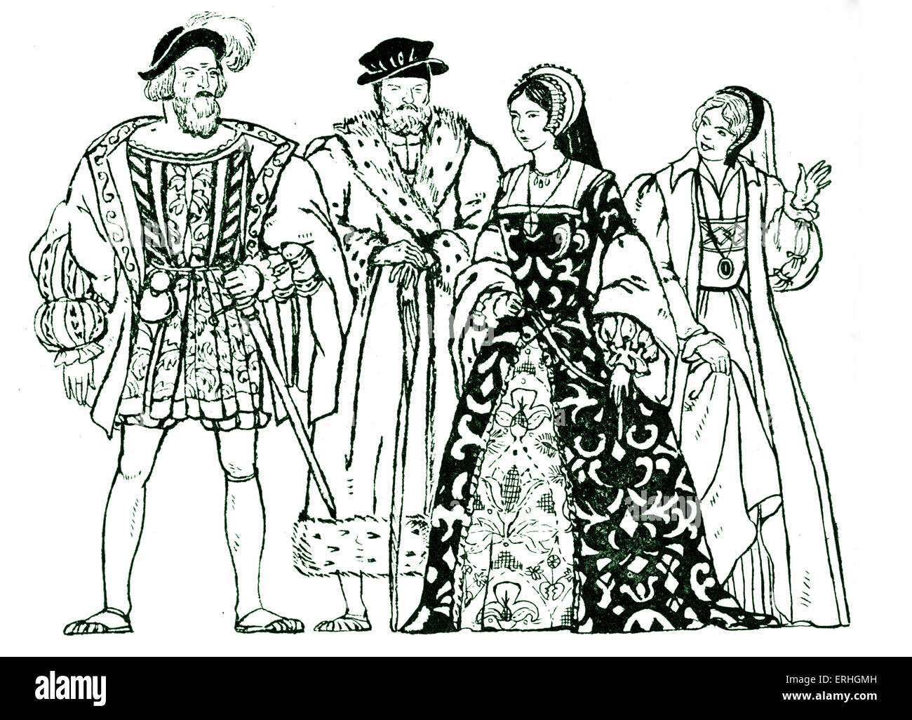 Elisabethanischen England - typische Kostüme aus der Regierungszeit von Königin Elizabeth I, mit zwei Männern und zwei Frauen. QEI: 7 September 1533- Stockfoto