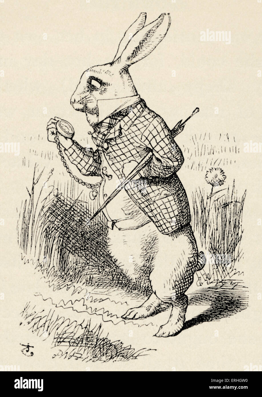 Alice im Wunderland - das weiße Kaninchen schaut seine Taschenuhr aus dem Buch von Lewis Carroll (Charles Lutwidge Dodgson), Stockfoto