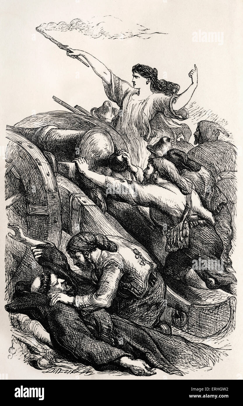 George Gordon Byron / Lord Byron - Darstellung einer Szene aus dem Gedicht "Childe Harold" des englischen Dichters. "ihr Geliebter sinkt - sie wirft keine unzeitigen Träne; Ihr Chef wird getötet - sie füllt seine tödliche Post. " Krieg, Kanone, Kampf, Tod. Lord Byron: 22. Januar 1788 - 19. April 1824. Ein Childe ist ein junger Mann, der ein für die Ritterschaft Kandidat. Berlioz Verbindung: seine Symphonie "Harold in Italien" ist inspiriert von diesem Gedicht. Stockfoto