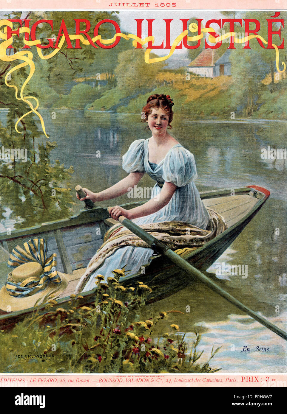 Junge Frau Ruderboot auf Seine - von Figaro Illustré Juli 1895. Gemalt von Adrien Moreau, französischer Künstler: 1843-1906. Stockfoto