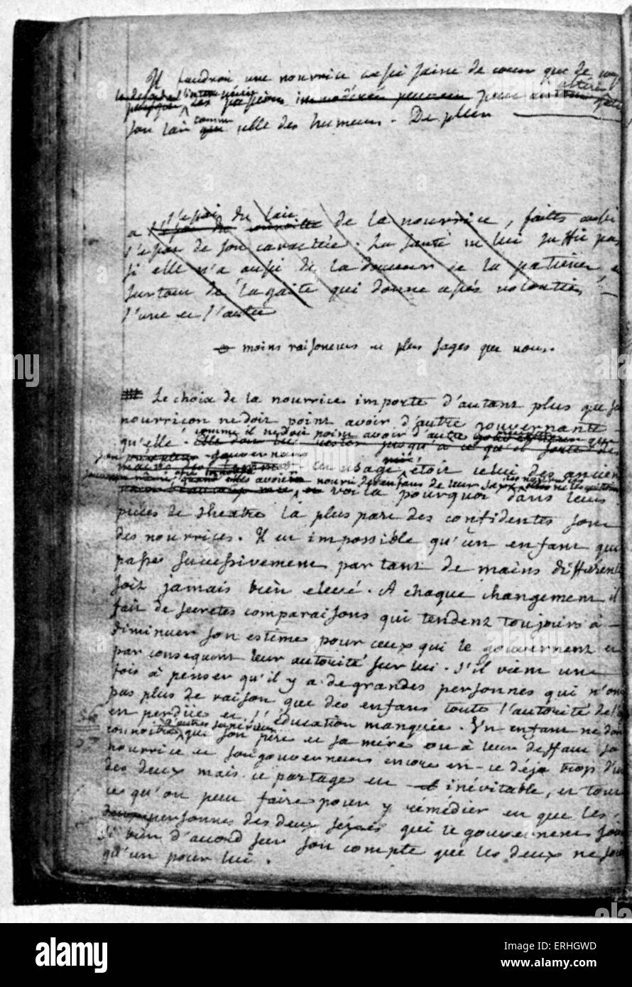 L'Emile - Manuskript des Romans von Jean-Jacques Rousseau, Autorkorrekturen zeigen. 28. Juni 1712 - 2. Juli 1778 Stockfoto