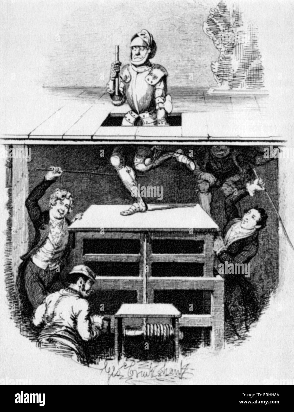 Shakespeares Hamlet - Männer necken die Schauspieler spielen den Geist in Hamlet, seine Beine mit Stöcken schlagen... Englischer Dichter Stockfoto