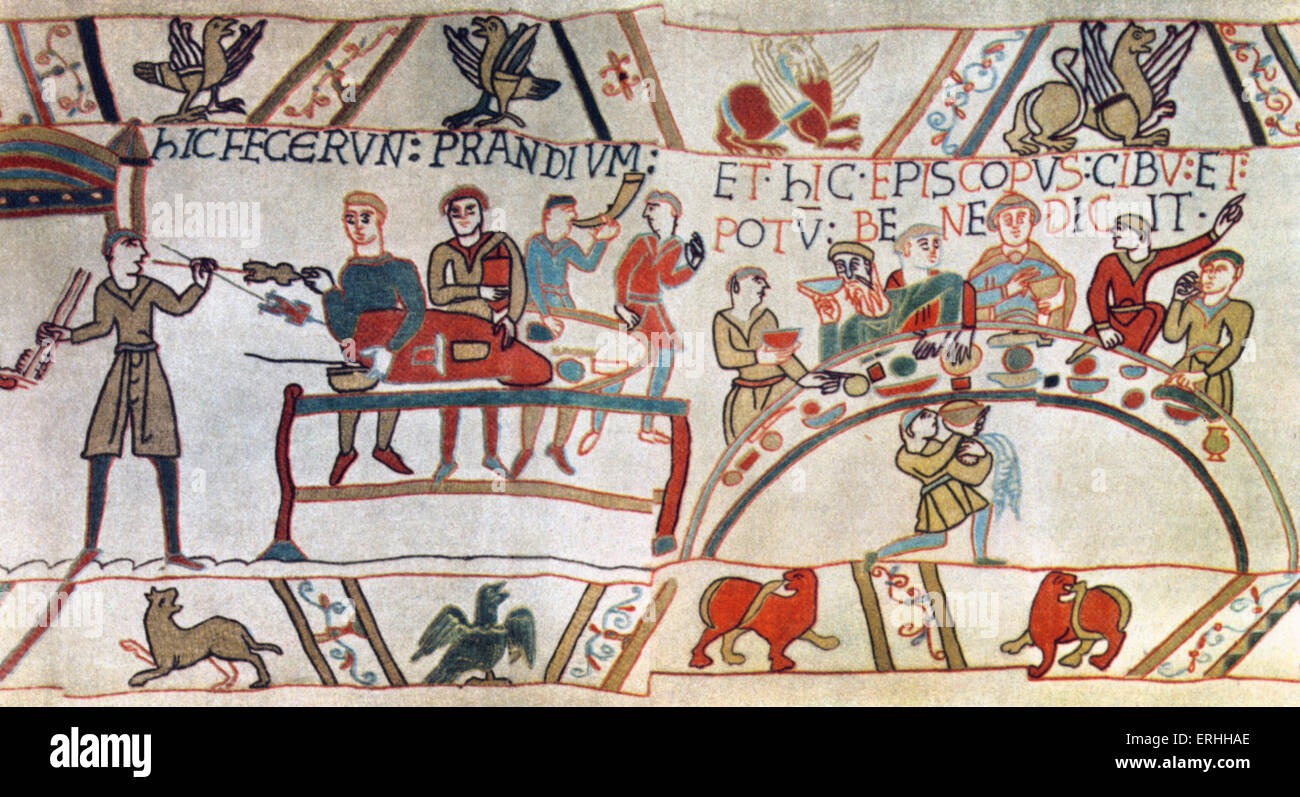 Wilhelm der Eroberer und seine Männer schlemmen. Detail aus der Wandteppich von Bayeux.  11. Jahrhundert Stockfoto