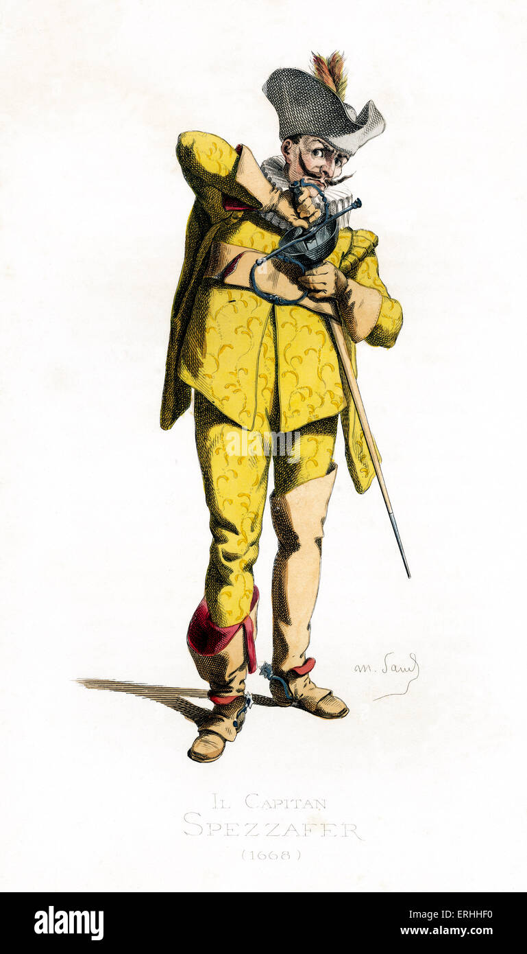 Il Capitano Spezzafer Kostüm datiert 1668 gezeichnet von Maurice Sand, veröffentlicht im Jahre 1860. Commedia Dell' Arte Charakter. Er trägt eine Stockfoto