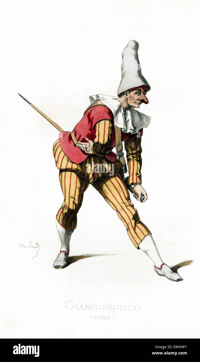 Giangurgolo Kostüm datiert 1625 gezeichnet von Maurice Sand, veröffentlicht im Jahre 1860. Commedia Dell' Arte Charakter aus der region Stockfoto