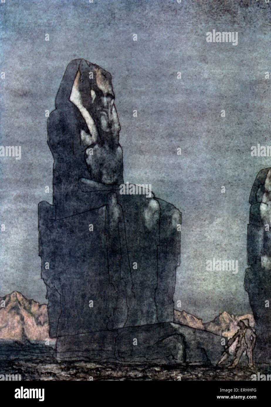 Ibsens Peer Gynt - Akt IV, Szene XI: Peer und die Statue des Memnon.  Norwegischer Dramatiker 20. März 1828 - 23. Mai 1906. Stockfoto