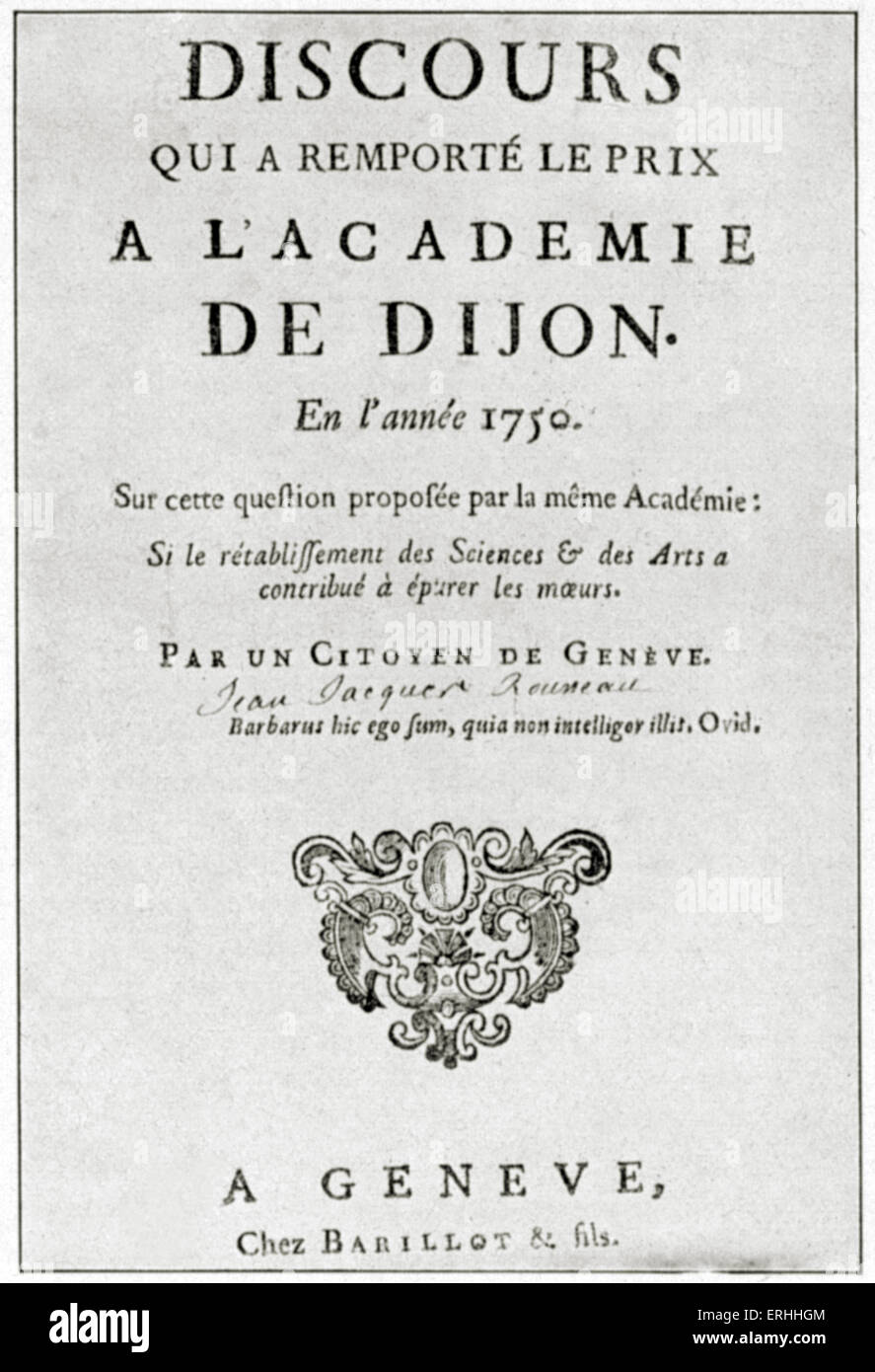 Jean - Jacques Rousseaus ' Discours Qui einen Remporté le Prix à l'Académie de Dijon"- Titelseite, 1750.   Französisch-schweizerischer Stockfoto