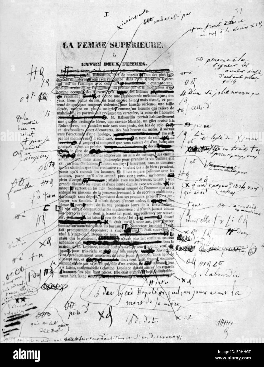 Honoré de Balzac "La Femme Supérieure" - erster Entwurf.   Französischer Schriftsteller und Dichter. 20. Mai 1799 - 19. August 1850.  Mit der hand Stockfoto