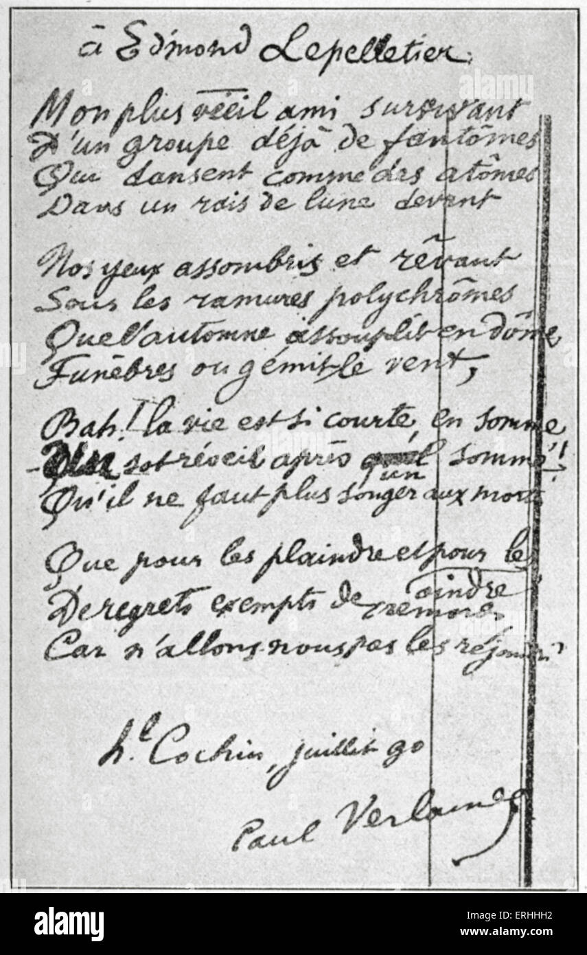 Paul Verlaine - handschriftlichen Gedicht gewidmet Edmond Pelletier.  Französischer Dichter, 1844-1896. Stockfoto