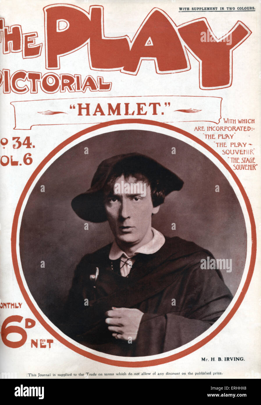 Shakespeares spielen "Hamlet" - Henry Brodribb Irving als Hamlet, Royal Adelphi Theatre, London, 1905. Englischer Schauspieler HBI: 1870-1919. Shakespeare: Englischer Dichter und Dramatiker, 26. April 1564 – 23. April 1616. Cover von die bildliche Wiedergabe. Stockfoto