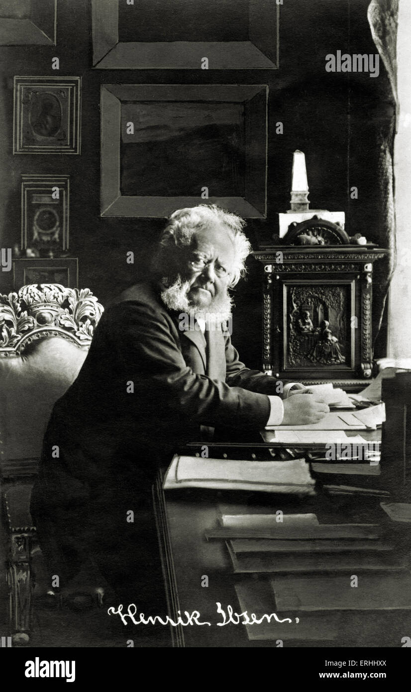 Henrik Ibsen - Porträt des norwegischen Dramatikers sitzt an seinem Schreibtisch. 20. März 1828 - Mai 23. 1906. Stockfoto