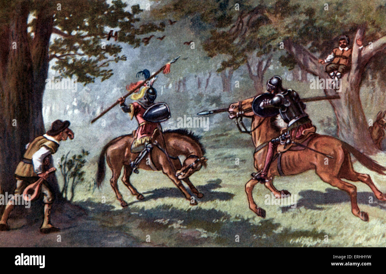 Die Geschichte des Don Quijote von Miguel de Cervantes - einer Kampfszene.  Spanische Autor, 1547-1616. Picaresque Abenteuer. Stockfoto