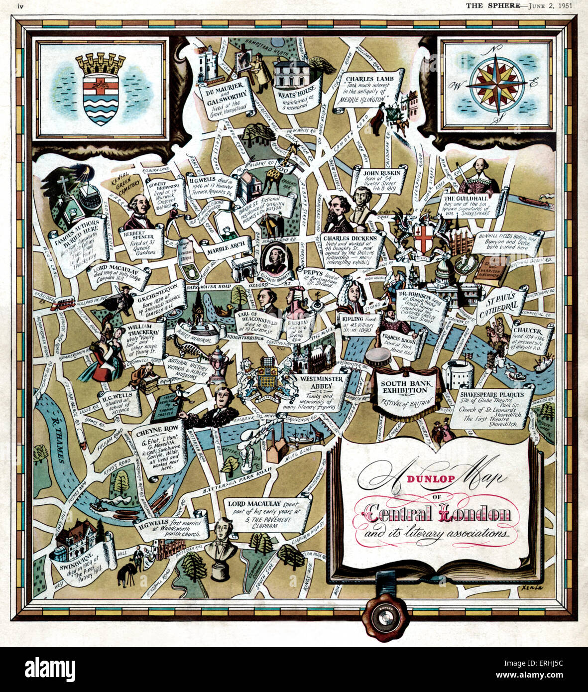 Central London und seine literarischen Vereinigungen. Illustrierte Karte zeigt, wo berühmte Schriftsteller und Autoren gelebt und gearbeitet: Keats, Stockfoto