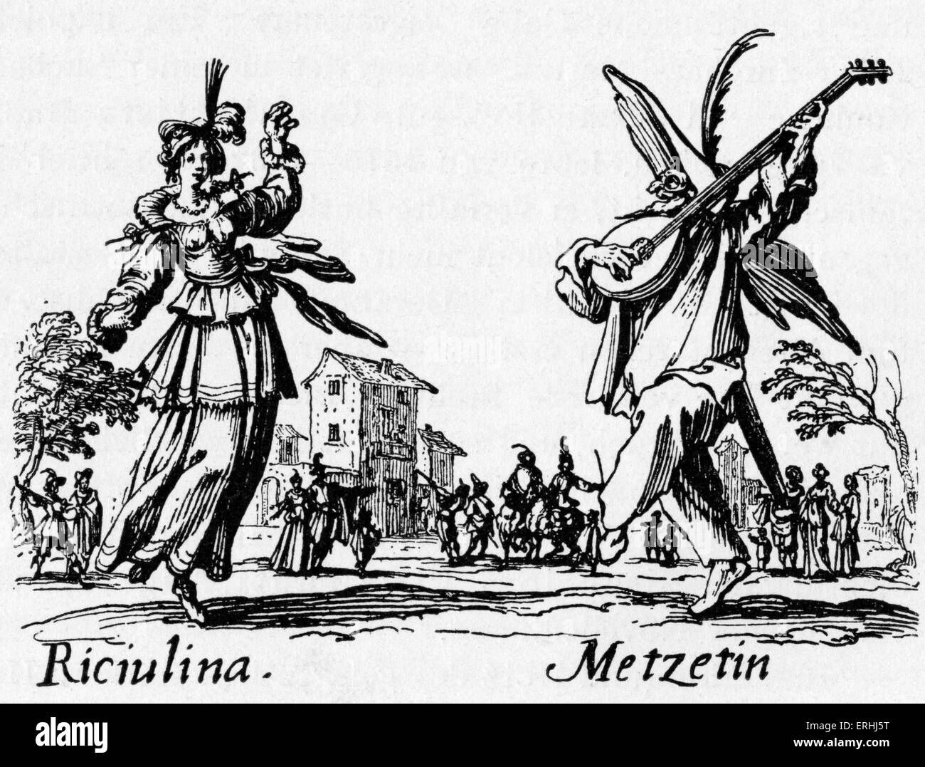 Commedia dell, Italienisch, 16. Jahrhundert. Ein paar Tänze im Freien. Eine männliche maskierte Figur spielt ein Saiteninstrument. Stockfoto