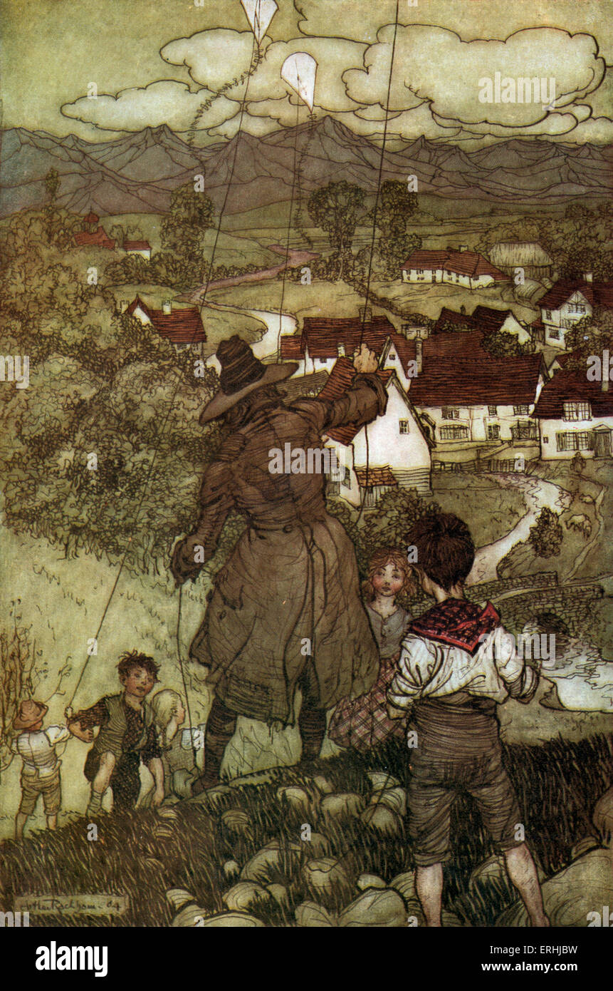 Washington Irvings Kurzgeschichte "Rip van Winkle" - Illustration von Arthur Rackham, 1904. "Lehrte sie Drachen fliegen" 1916 Stockfoto