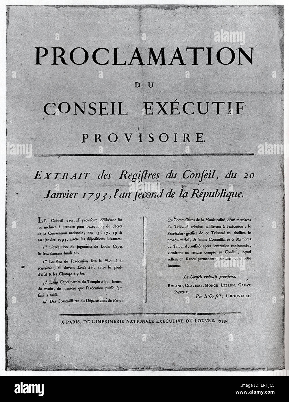 Ludwig XVI., König von Frankreich - Plakat der Orden für seine Hinrichtung. 23. August 1754 - 21. Januar 1793. Seine Rechtsverfolgung in 1793 Marken Stockfoto