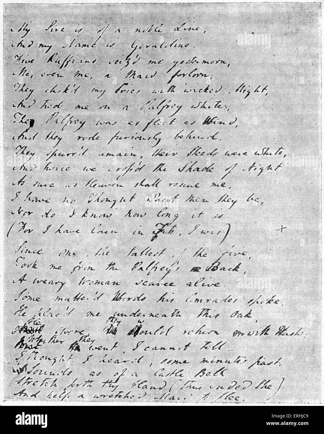 Coleridge - Seite aus dem Manuskript des englischen Dichters Gedicht "Christabel". 21. Oktober 1772-25 Juli 1834. Stockfoto