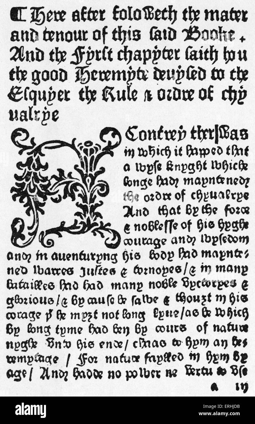 William Caxton - der erste englische Drucker ist "Ordre des Chyualry", (das Buch des Ritterordens), 1484. Die William Caxton Stockfoto