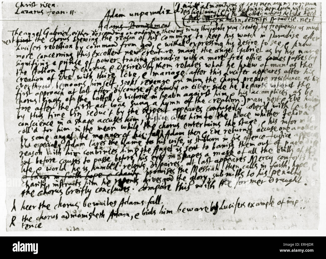 John Milton - der englische Dichter handschriftliche zweiten Plan für sein Stück, "Adam Unparadised", ein Drama über den Sündenfall und Stockfoto