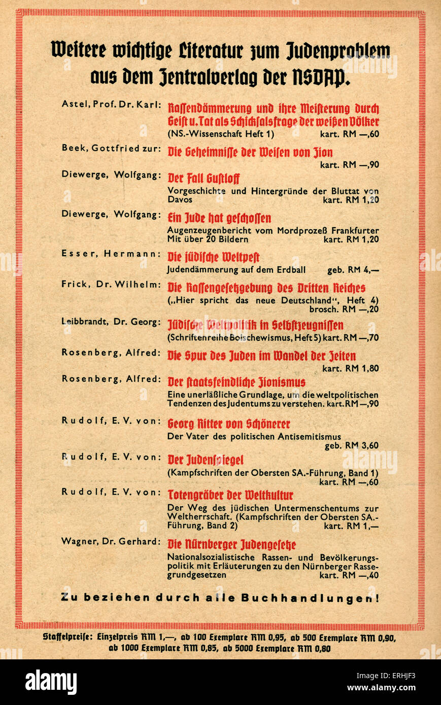 Nationale sozialistische Literatur über das "Judenproblem" (Judenfrage) aus der Zentral-Verlag der NSDAP - Werbung für Stockfoto