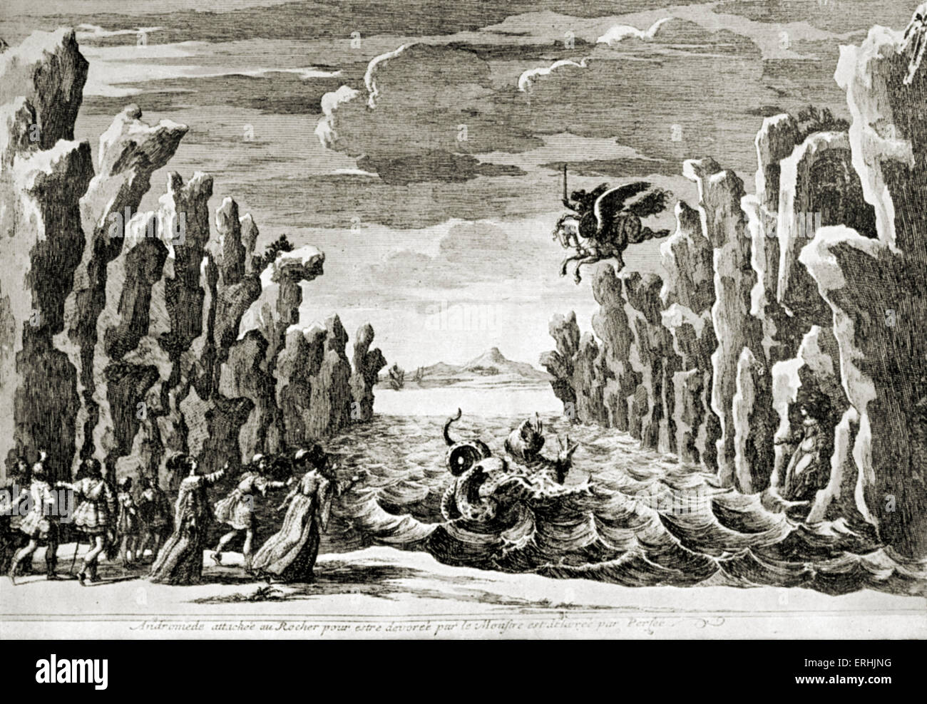 Pierre Corneilles Andromeda. Bühnenbild. Kupferstich von F. Chaveau von 1651-Edition. Tragödie von französischen Dramatiker geschrieben Stockfoto