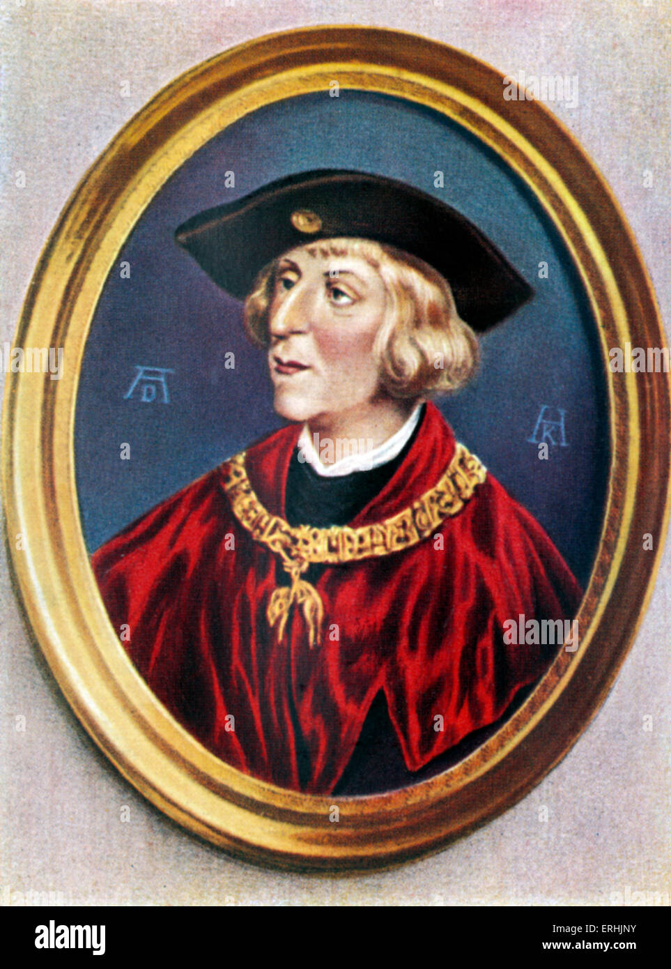 Maximilian i. von Habsburg. Porträt des Kaisers. Kaiser des Heiligen Römischen Reiches. Nach einem Porträt von Albrecht Dürer. 22. März 1459 – 12 Stockfoto