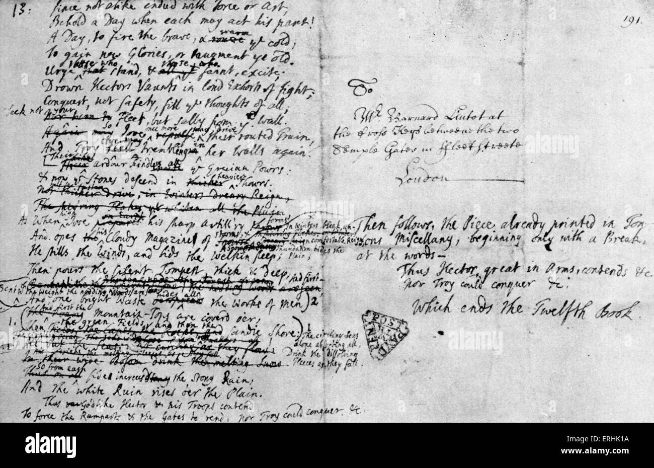 Alexander Pope englische Übersetzung von Homers Ilias, handschriftlich auf der Rückseite eines Briefes. Griechischen Epos. AP, englischer Dichter: Stockfoto