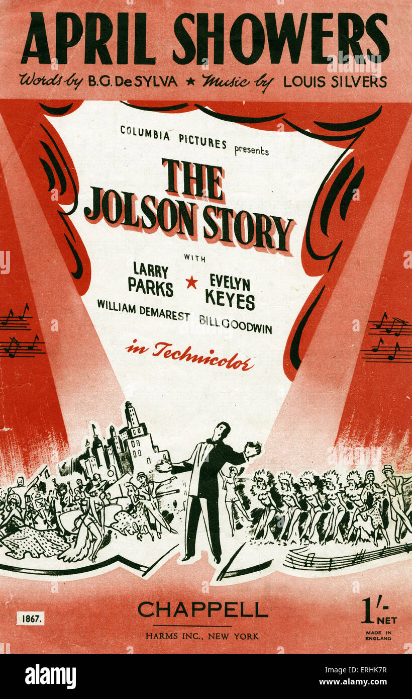 Jolson Story, 1921. Deckblatt der Filmmusik für "April Showers". Song aus dem Film über Al Jolson. Veröffentlicht von Harms, Stockfoto