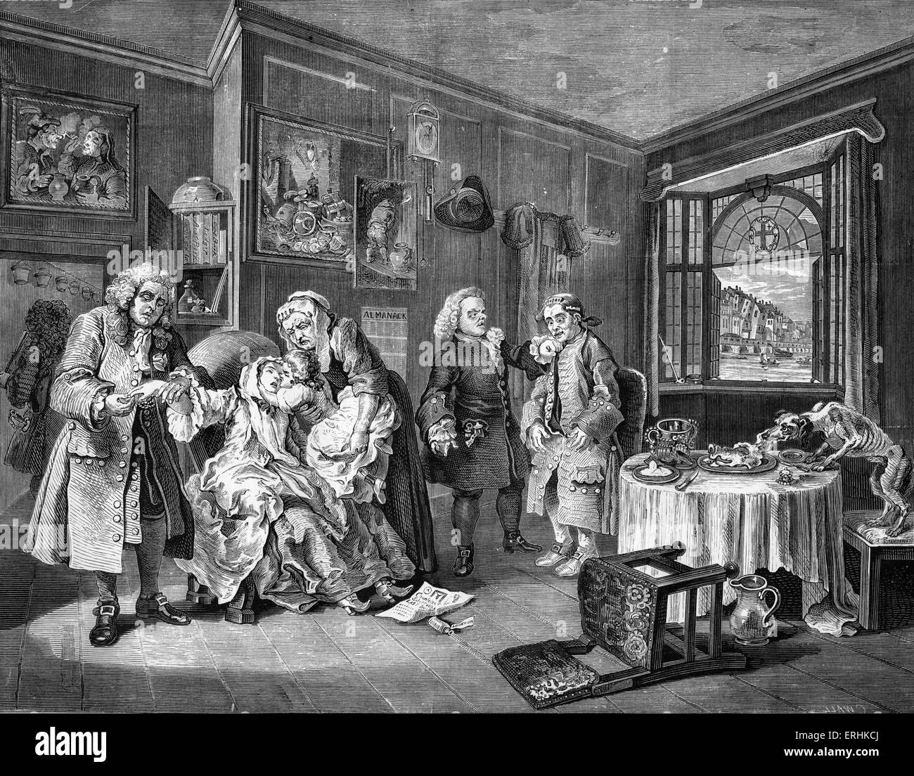 Ehe a la Mode, Selbstmord der Gräfin - Kupferstich von William Hogarth, englischer Maler und Künstler WH: 10. November 1697 - Stockfoto