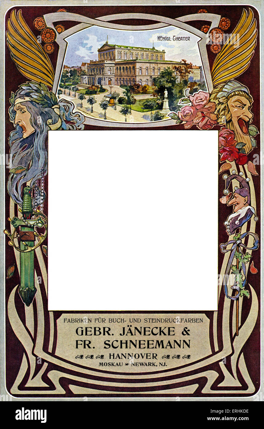 Tragik-Komödie-Masken als Surround-Grenze von 1902 Drucker Katalog.        Gold-Druck. Art Deco und Jugendstil, Stockfoto