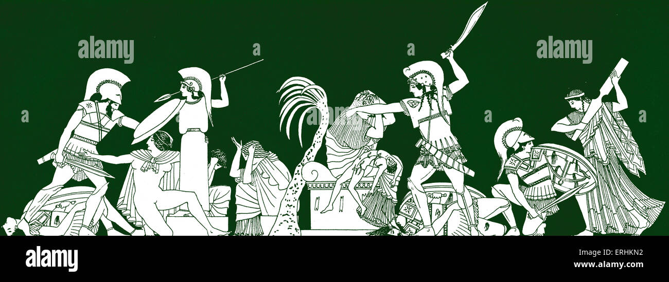 Die Einnahme von Troja. Trojan.  Männer halten Schilde, Speere und Schwerter.  Kämpfen.  Schild, Speer, Schwert. Stockfoto