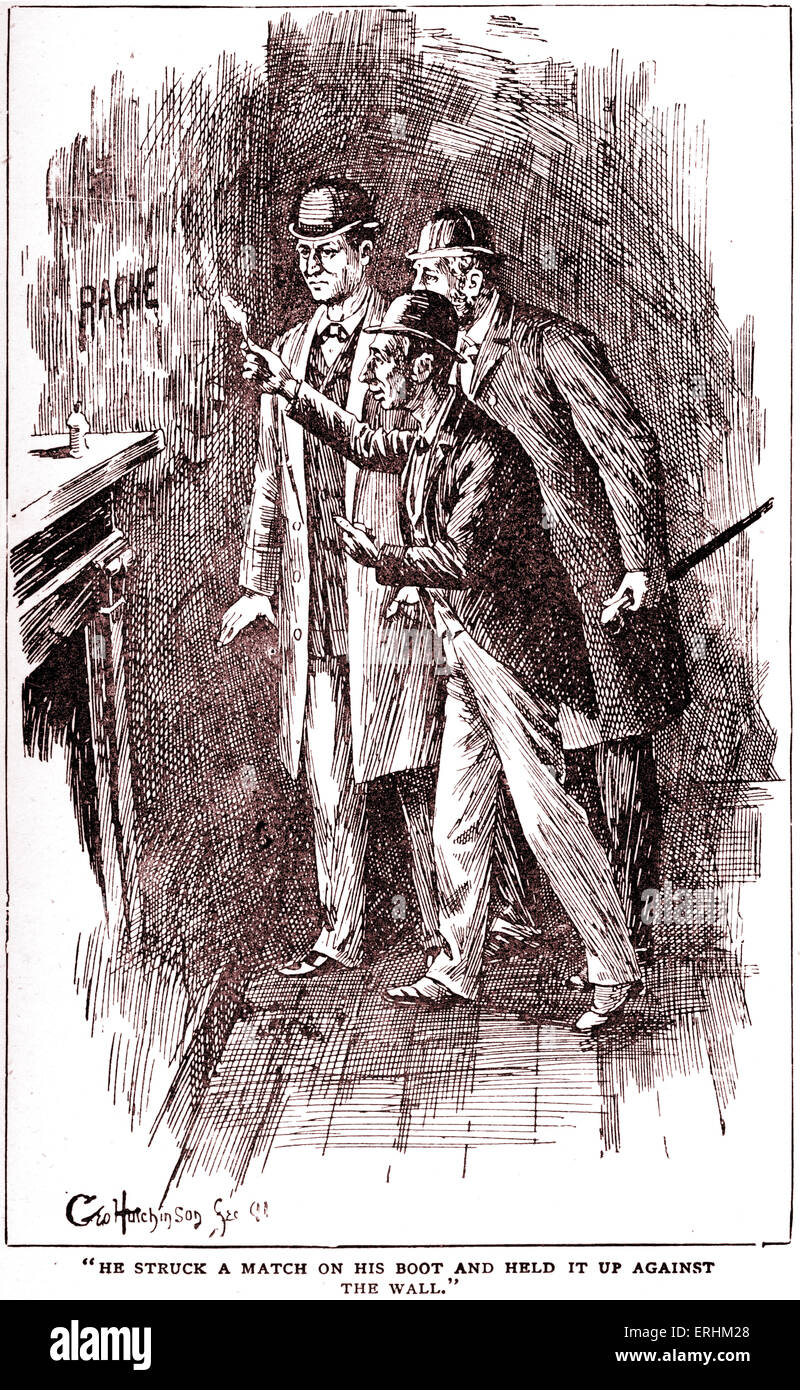 "Eine Studie in Scharlachrot" von Sir Arthur Conan Doyle - Polizist Lestrade entdeckt das Wort "Rache" (Deutsch für Rache) auf Stockfoto