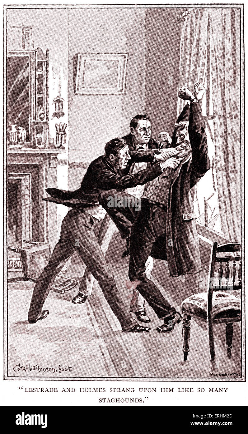 "Eine Studie in Scharlachrot" von Sir Arthur Conan Doyle - Sherlock Holmes und Polizist Lestrade verhaften Jefferson Hope, die Stockfoto