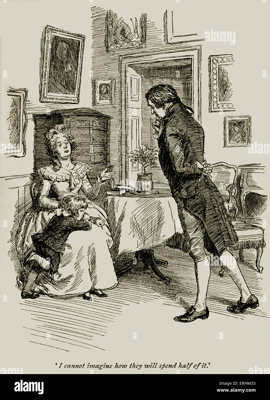 "Sense and Sensibility" von Jane Austen - Mr & Mrs Dashwood. KAPITEL II. Bildunterschrift: "Ich kann mir nicht vorstellen wie verbringen sie die Hälfte davon". Illustration von Hugh Thomson (1860-1920). 1896. JA, englischer Schriftsteller: 16. Dezember 1775 - 18. Juli 1817. Stockfoto