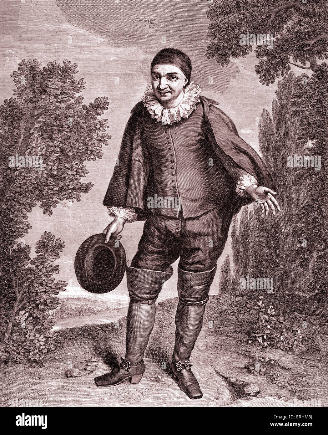 Raymond Poisson - Porträt des französischen Schauspieler und Dramatiker als Crispin. c. 1630-1690.  Er trägt einen Umhang und weiß Stockfoto